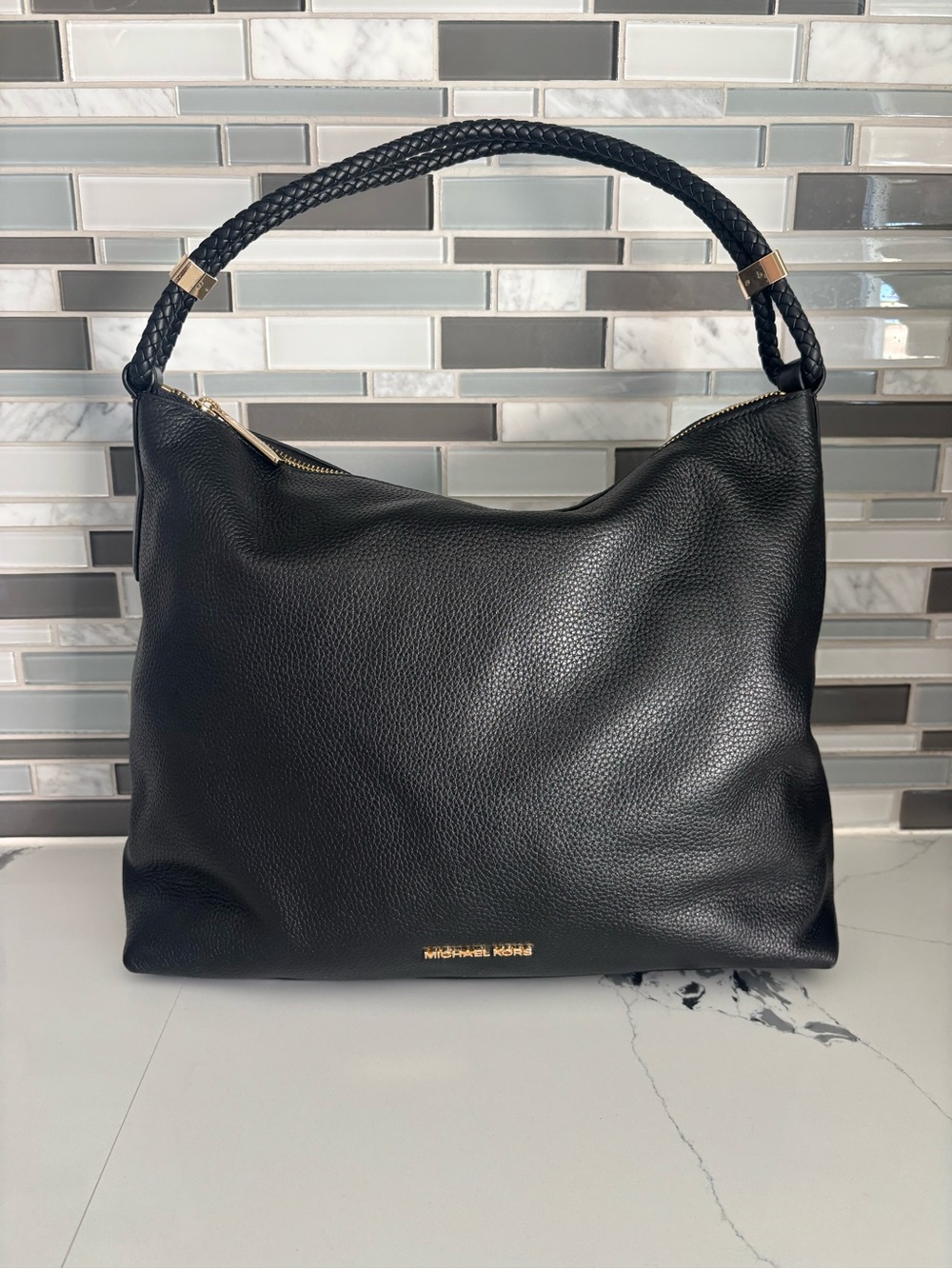 Michael Kors Black Leather Shoulder Hobo with Braided Handle